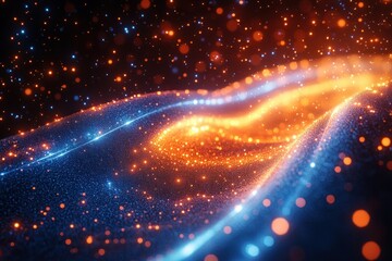 Illuminated Fiber Optic Strands in Digital Surrealism Style with Glowing Blue and Orange Hues