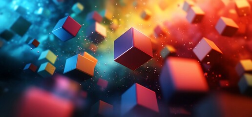 Abstract Colorful Cubes Floating in Space with Particle Effects and Depth