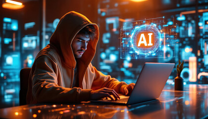 Man Working on Ai Project Laptop Night