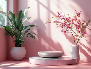 Leinwandbilder - Minimalistic pink podium on soft pink background for showcase product display empty geometric design