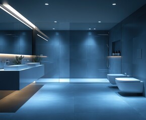 Aufkleber - Modern Minimalist Light Grey Bathroom with Floating Vanity and Double Sinks