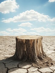 Poster - Desert landscape features a solitary tree stump on cracked earth under bright sunlight with clear sky. Generative AI