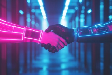 Aufkleber - Virtual avatars engaging in handshake within a neon lit metaverse environment during social interaction. Generative AI