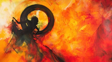 Poster - Abstract painting of a dancing woman within a fiery orange and red circle.