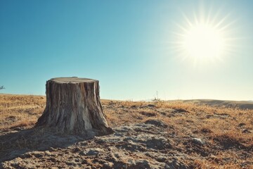 Poster - Vivid desert landscape showcasing cracked earth and a solitary tree stump under bright sunlight and clear sky. Generative AI