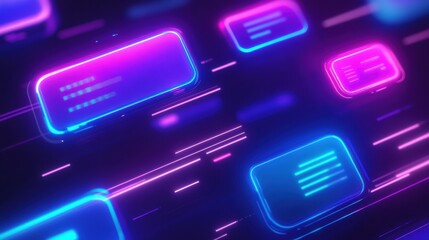 Fototapete - Floating message bubbles in a vibrant social media chat interface with glowing notifications at night. Generative AI