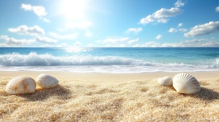 Poster - Seashells on sandy beach, sunny ocean background.  Possible use Vacation/travel advertisement