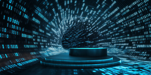 A sleek, modern 3D background featuring a podium placed at the center of a vast digital data tunnel. The walls are adorned with glowing binary code, creating an immersive, futuristic environment. The