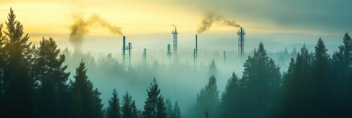Poster - Eco friendly natural gas infrastructure in misty forest landscape promoting green energy development. Generative AI