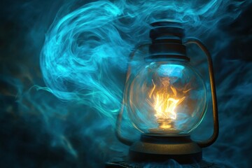 Poster - Glowing gas lamp emits warm light while surrounded by soft blue smoke in a dimly lit room during night. Generative AI