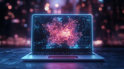 Laptop with glowing brain image on screen showcasing technology and creativity in digital design