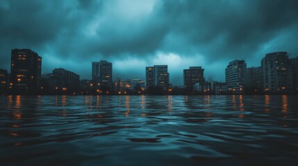 Leinwandbilder - Flooded urban landscape with rooftops emerging from water under dramatic lighting and a moody sky. Generative AI