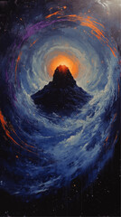 Wall Mural - mystical mountain in cosmic vortex with vibrant orange sky surrounded by twirling blue swirls and st