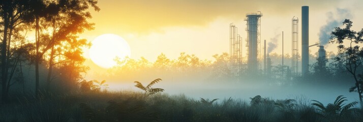 Aufkleber - Eco friendly natural gas infrastructure surrounded by a misty forest at sunrise in a serene landscape. Generative AI