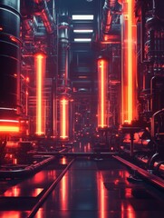 Poster - Futuristic gas power plant with glowing neon pipelines in a high tech environment during night hours. Generative AI