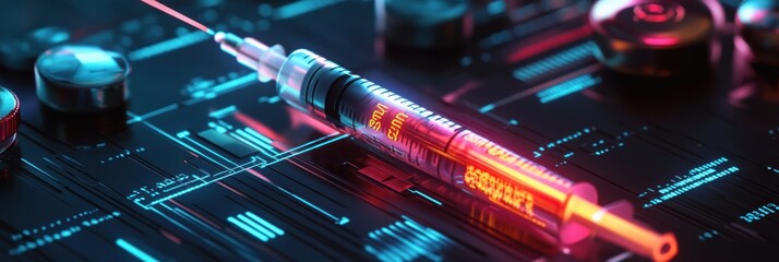 Aufkleber - Exploring modern anti aging treatments with glowing Botox syringe and statistical analysis. Generative AI