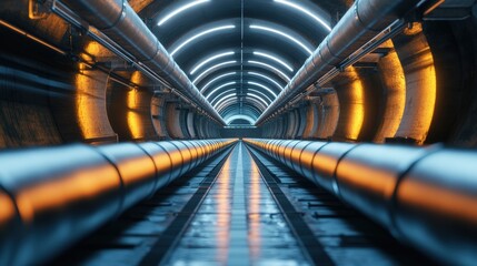 Leinwandbilder - Long industrial gas pipelines extending into the distance with illuminated metallic structure in perspective view. Generative AI