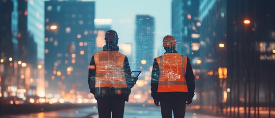 Construction workers with safety vests, using tablet displaying digital twin model of city, modern technology in building project planning, innovation in construction industry