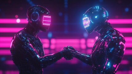 Aufkleber - Digital avatars engage in metaverse social interaction by shaking hands in a vibrant virtual environment. Generative AI