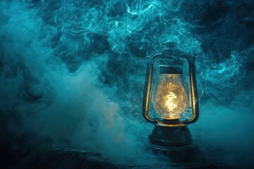 Poster - Glowing gas lamp illuminates dark surroundings with ethereal light and swirling mist during nighttime exploration. Generative AI