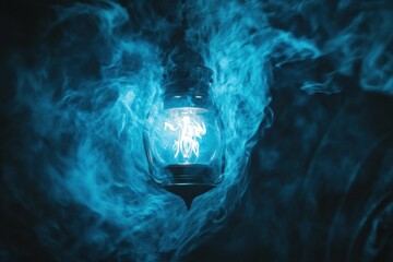 Leinwandbilder - Glowing gas lamp radiates enchanting blue light amidst swirling mist in a darkened space. Generative AI