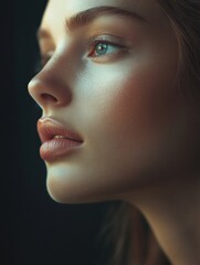 Poster - Elegant portrait of a woman showcasing modern beauty with soft lighting and flawless skin. Generative AI