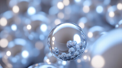 Wall Mural - a close-up macro shot of lustrous pearl-like spheres and metallic ornaments suspended in an artistic