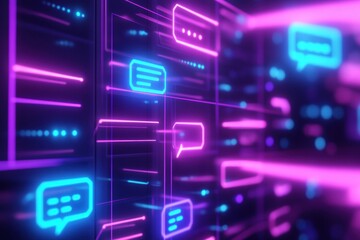 Fototapete - Social media chat interface with glowing text notifications in vibrant colors for digital communication. Generative AI