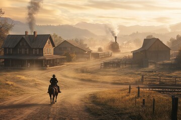 cowboy rides along dusty road in western town at sunset with steam train in background. generative a