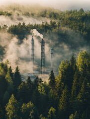 Poster - Eco friendly natural gas infrastructure amidst a misty forest supporting green energy initiatives. Generative AI