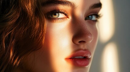 Poster - Fashion portrait of a young woman with radiant skin and creative lighting showcasing modern beauty techniques. Generative AI