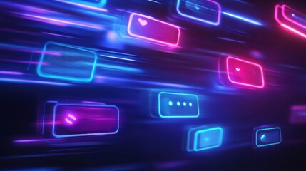 Fototapete - Floating message bubbles illuminate a chat interface with vibrant glowing notifications at night. Generative AI
