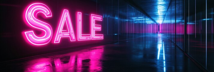 Leinwandbilder - Brilliant neon sale sign illuminates a sleek hallway with vibrant reflections in a shopping environment. Generative AI