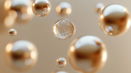 Wall Mural - a close-up macro shot of lustrous pearl-like spheres and metallic ornaments suspended in an artistic