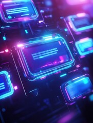 Fototapete - Floating message bubbles with glowing notifications in a social media chat interface at night. Generative AI