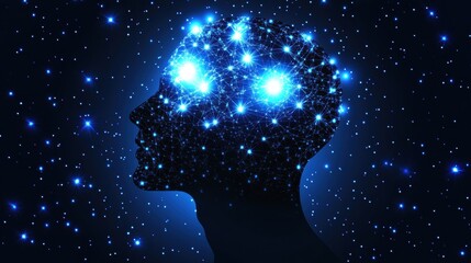 Leinwandbilder - Glowing interconnected AI nodes fill human head silhouette against cosmic cyberpunk backdrop. Generative AI