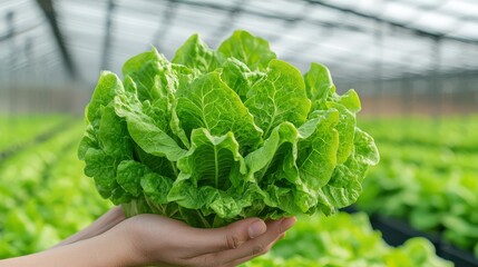 Wall Mural - Fresh Green Romaine Lettuce in Hands at Greenhouse Farm