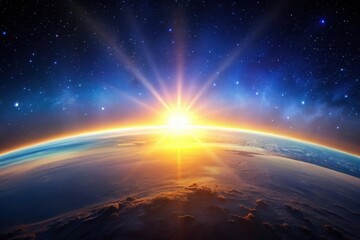 Wall Mural - a breathtaking sunrise over a planet's horizon, showcasing a celestial display of stars and radiant 