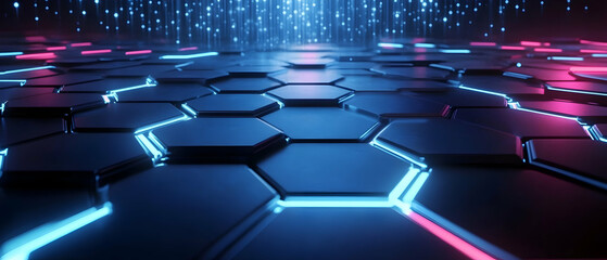 Wall Mural - abstract futuristic background with hexagons and blue neon lights -