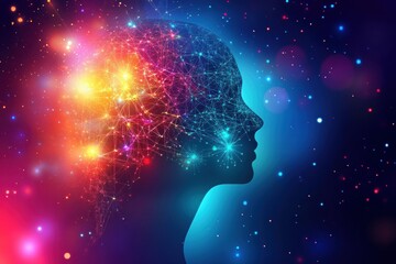 Aufkleber - Human head silhouette with glowing AI nodes and fractal patterns set in a cosmic cyberpunk background. Generative AI