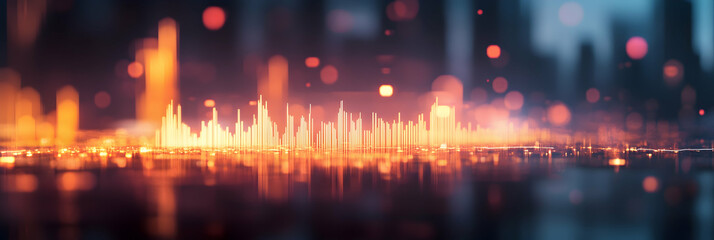 Wall Mural - abstract glowing forex candlestick chart on a blurry city backdrop, trading concept -