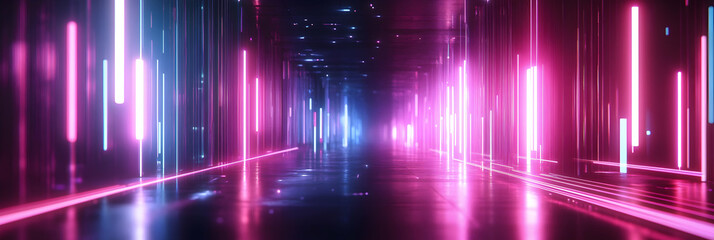 Wall Mural - abstract neon background with glowing lines and bokeh lights, data transfer concept -