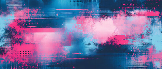 Wall Mural - abstract neon glitch effect with blue, mint, and pink colors, retro-futuristic design -