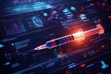 Fototapete - Innovative anti aging solutions featuring a glowing syringe amid digital statistics and modern technology visualizations. Generative AI