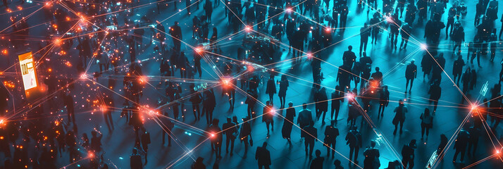 Wall Mural - aerial view of a crowd connected by a glowing network, big data and smart city concept -