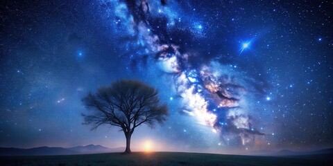 Wall Mural - Solitary Tree Silhouetted Against a Breathtaking Celestial Canvas of Stars and the Milky Way Galaxy