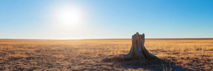 Poster - Stark beauty of a dry desert landscape featuring cracked earth and a lone tree stump under bright sunlight. Generative AI