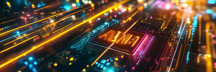 Wall Mural - ai word on a microchip with colorful light beams, technology concept -