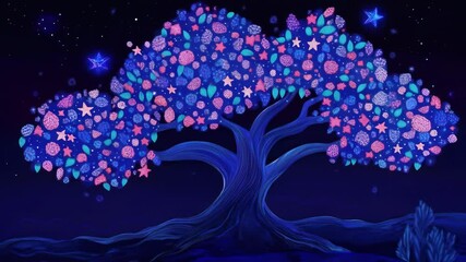 Wall Mural - Enchanted Starry Night Tree: A Magical Digital Artwork