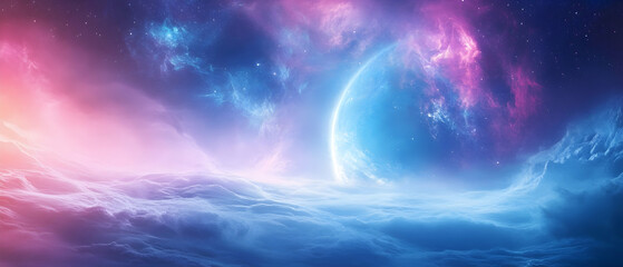 Wall Mural - artistic sci-fi landscape with futuristic elements, dreamy cosmic background -